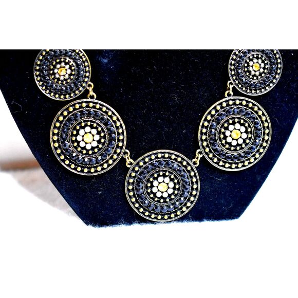 Contemporary Bronze Tone Link Chain Rhinestone Accent Pendant Bib Necklace - Picture 2 of 3